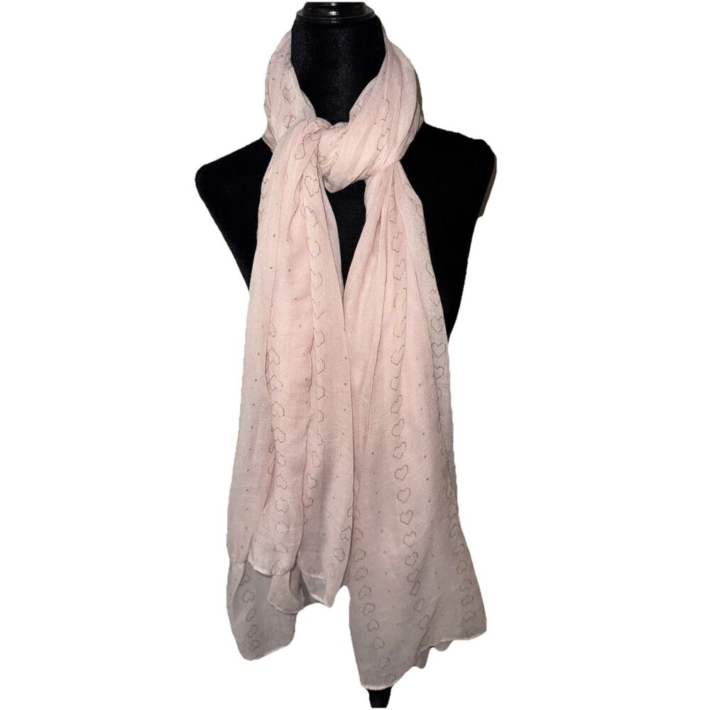 100% Polyester Wide Pink With Gold Heart Pattern Long Wrap Shawl